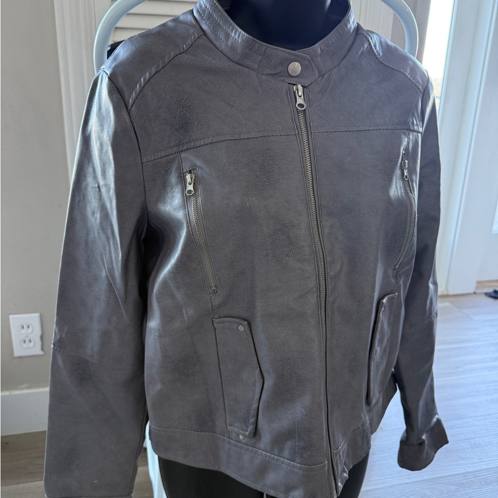 Gray Faux Leather Jacket, Biker Style, Dressy, Women's Large